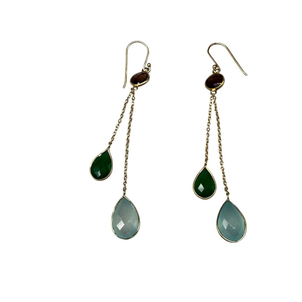 925 Sterling Silver Green & Brown Crystal Stones Linear Teardrop Hook Earrings